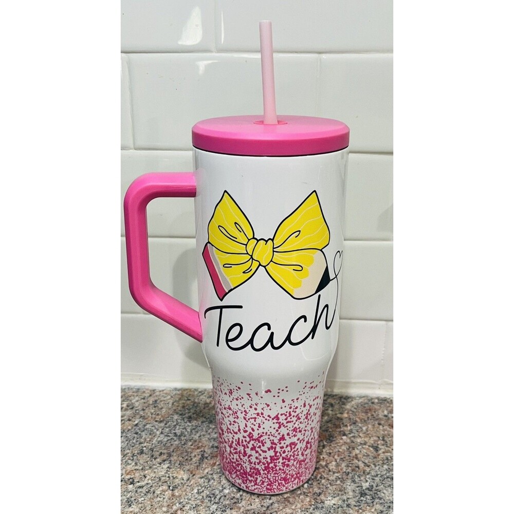 Pink Teacher Stainless Steel Tumbler Cup Mug Teach Pencil Heart Lid Straw 35 Oz